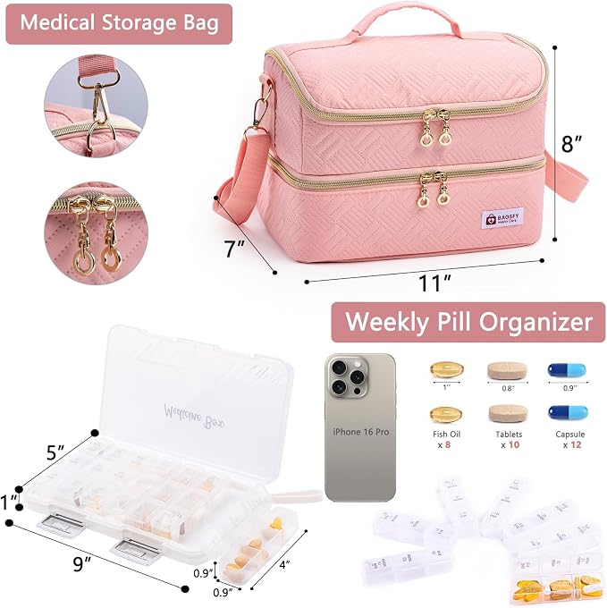 BAGSFY Travel Medicine Bag Organizer with Weekly Pill Organizer 3 Times A Day, 7-Day Pill Box AM & PM Pill Organizer, Medication Organizer Storage, First Aid Bag, Pill Bottle Organizer with Pill Case - Image 2