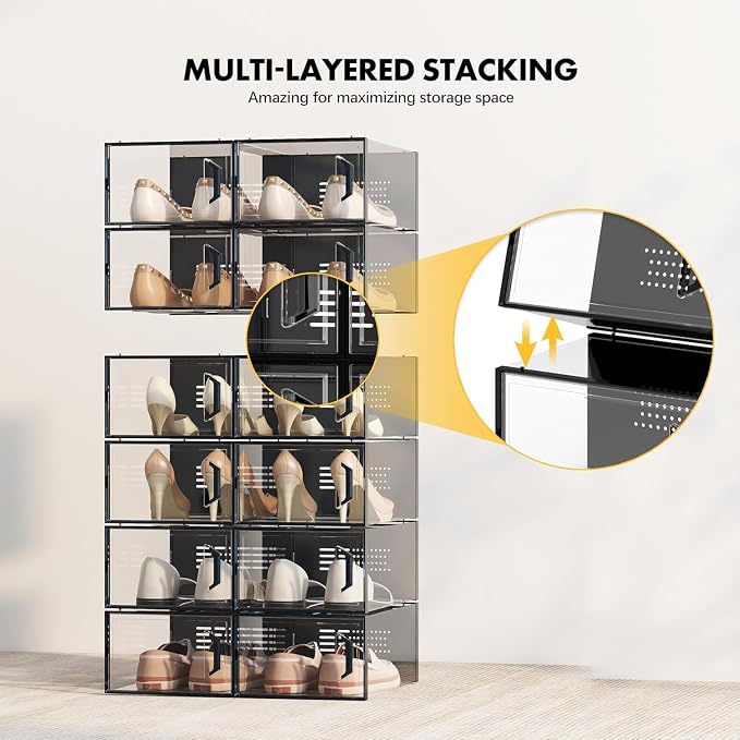 SEE SPRING X-Large Shoe Storage Box Fit Size 11, Clear Plastic Stackable Shoe Organizer for Closet, Space Saving Sneaker Shoe Rack Containers Bins Holders for Entryway, Under Bed, 12 Pack Black - Image 3