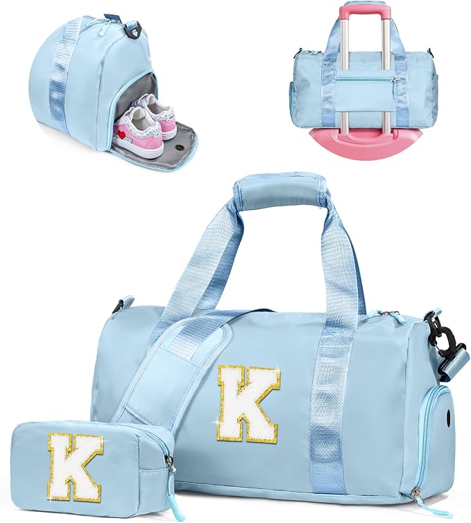 Girls Cheer Up Gifts-Girl Gym Bag with Shoe Compartment, Kid Personalized Weekender Overnight Bags, Initial Travel Tote with Makeup Pouch, Graduation Gift for Niece Kids Daughter (Letter K) by Vogewood