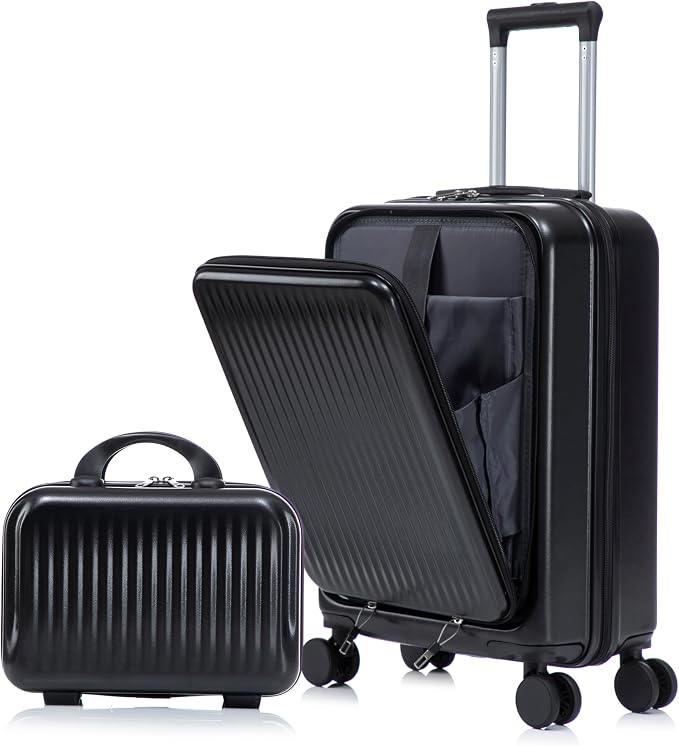 2 Pcs ABS Spinner Luggage Set - 14" Cosmetic Case & 20" Carry-On with Combination Lock, Front Opening Design, Black by LUCCALILY