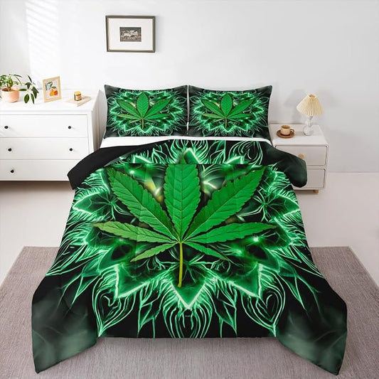 Erosebridal Exotic Leaf Comforter Set, Bohemia Leaves Bedding Set Twin Size, Bohemian Feather Duvet Sets for Kids Girls Teens Adult, Boho Exotic Quilted Duvet for Bedroom, Green by Erosebridal