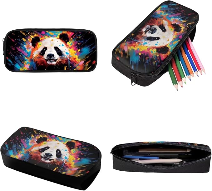 Splatter Oil Panda Print Backpack Set Large Capacity Bookbag Lunch Box Pencil Case College Book Bag with Zipper Pockets 17 Inch Travel Bag Student Rucksack Daypack - Image 6