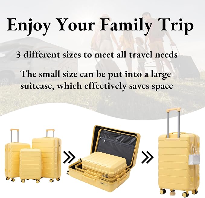 3-Piece ABS Spinner Luggage Set (20" 24" 28") with Combination Lock, Matching Hardshell Suitcases, Yellow - Image 2