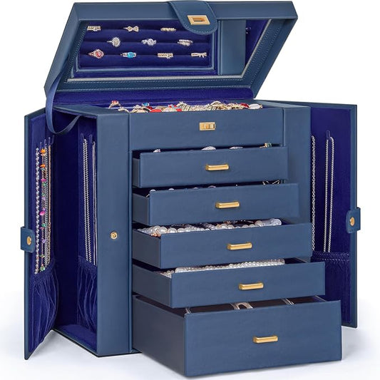 AKOZLIN 6-Tier Jewelry Box Organizer Functional 5 Drawers Leather Jewelry Storage Case for Women Girls Ring Necklace Earring Bracelet Holder Organizer with Mirror Extra Large Blue by AKOZLIN