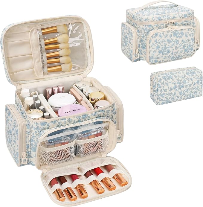 Makeup Bag Set, Travel Makeup Bag Organizer for Women Cute Floral Cosmetic Pouch Large Capacity with Makeup Brush Compartment, Cosmetic Travel Bag with Divider and Handle Toiletry Bag - Floral by OrganizeYourMakeup