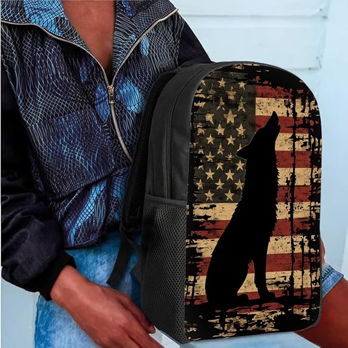 GIFTPUZZ 17 Inch Wolf American Flag Backpack Set Boys 8-10 | Polyester, Ergonomic Straps, 4 Piece, Lunch Box, School Backpack for Students - Image 3
