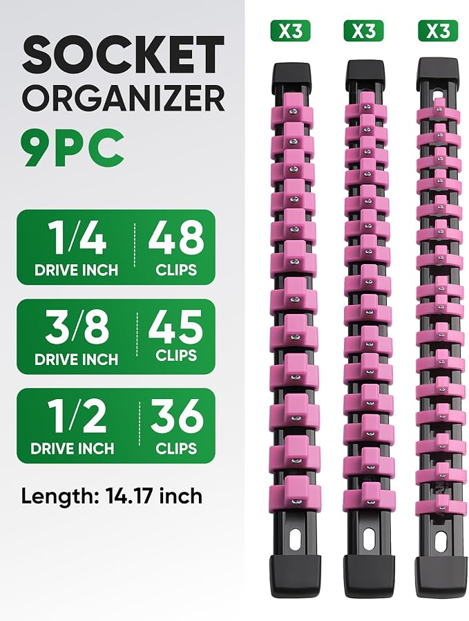 ALOANES 9PC Socket Organizer, Socket Rails Fit 1/2", 1/4" and 3/8" Drive | Heavy Duty ABS Socket Holders Hold up 129 Sockets for Toolbox Drawer Bags(Pink) - Image 2