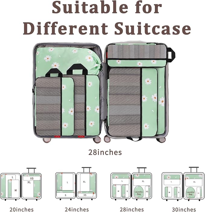 U+U 6 Set Compression Packing Cubes - Ultralight Travel Organizers with Laundry Bag, Space-Saving Suitcase Organizer, Expandable Packing Cubes for Travel, Business Trip and Family Vacation (Daisy) - Image 6