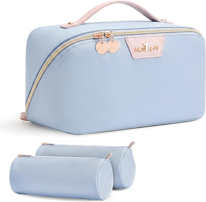 Travel Makeup Bag for Women: 3-in-1 Large Capacity Cosmetics Organizer with 2 Detachable Pouch - Vegan Leather Flat Open Toiletry Bag - Travel Essentials for Full-Sized Bottles(Light Blue) by Unknown