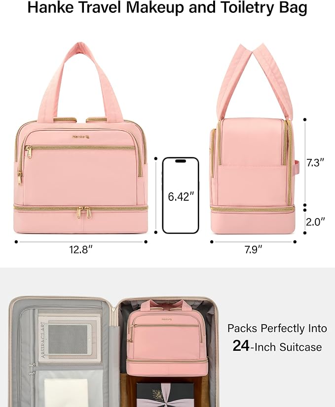 Hanke Travel Toiletry Bag, Lightweight Wide-open Large Toiletry Bags for Women, Dual-Layer Makeup Bag Water-Resistant Cosmetic Travel Bag with Handle for Accessories, Essentials, Pink - Image 6