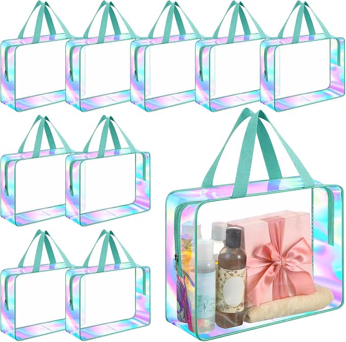 Sweetude 10 Pcs Large Clear Toiletry Bag with Handle Large Capacity Travel Iridescent Beach Makeup Bag PVC Clear Plastic Tote Punch Cosmetic Clothes Storage Organizer for Women Men (Turquoise) by Sweetude