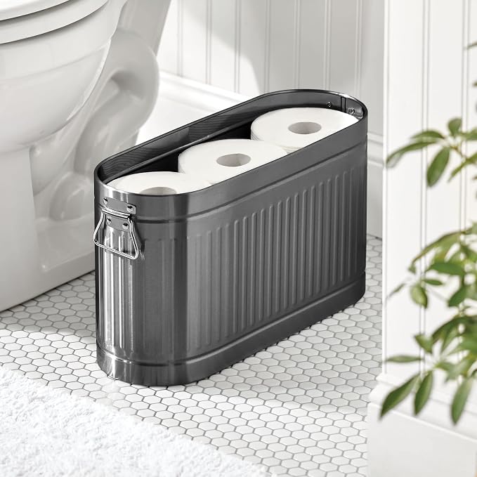 mDesign Large Steel Free Standing Toilet Paper Organizer, 6-Roll Tissue Storage Holder Container Bin for Bathroom Floor, Fits Under Sink, Vanity, Shelf, In Cabinet, Corner, Oscar Collection - Graphite - Image 2