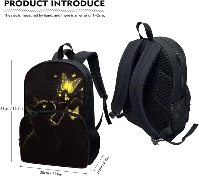 Black Cat Yellow Bling Butterfly Student Backpack Set 4 In 1 School Bag Laptop Backpacks Lunch Bag Pencil Holder Pouch Bag Daypack for Preschool Kindergarten Elementary Middle School - Image 5