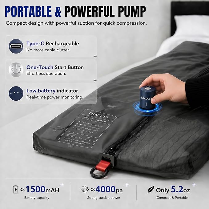 Travel Vacuum Bags with Pump, Compression Bags, Waterproof & Reusable Nylon Vacuum Travel Kit, Portable Space Saver Storage Bags with Wireless Vacuum Pump for Carry-On Backpack & Suitcase, 2 Pack - Image 5