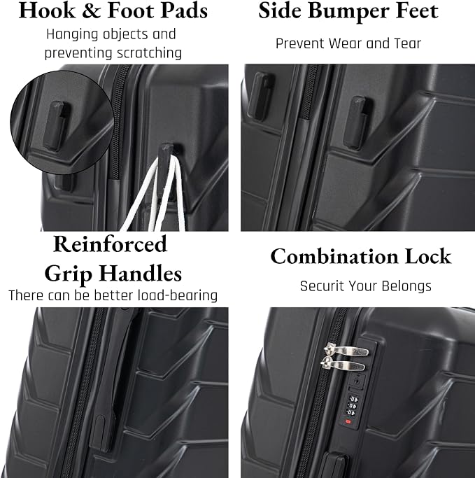 3-Piece ABS Spinner Luggage Set (20" 24" 28") with Combination Lock, Matching Hardshell Suitcases, Black - Image 3