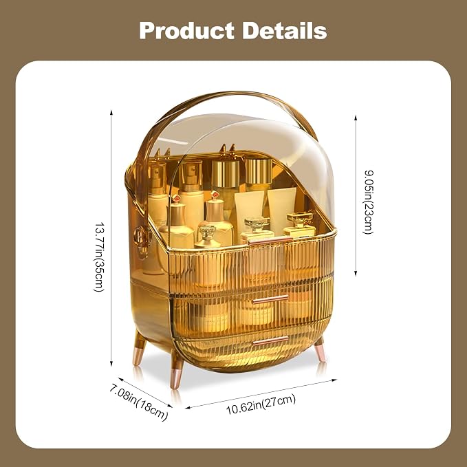 Ergocar Portable Retro Series Multi-Function Make Up Case Dustproof Cosmetic Storage Box,Cosmetics Skin Care Products Jewelry Organizer Case Finishing Box Bathroom Desktop -Amber (X-1) - Image 7