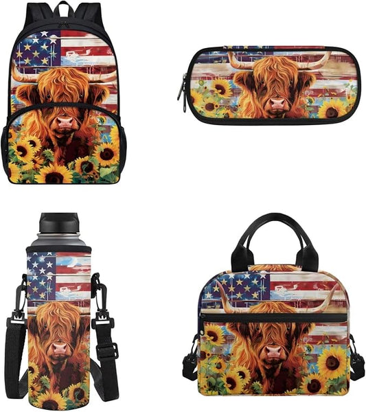 POLERO Kids School Backpack Set American Flag Sunflower Highland Cow Print Bookbags with Lunch Box for Middle Elementary School by WelcometoPOLERO