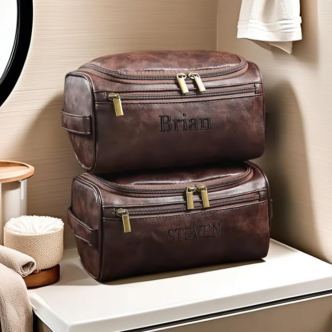 GOPHIE Personalized Embroidered Men's Leather Toiletry Bag,Travel Toiletry Bag for Men,PU Leather Waterproof Travel Shaving Dopp Kit (3, Coffee) - Image 3