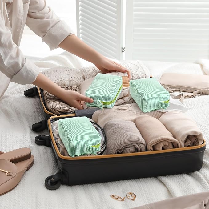 Sanwuta 10 Pcs Seersucker Cosmetic Bag Seersucker Makeup Bag Women Stripe Large Travel Toiletry Organizer Preppy Storage Pouch for Embroidery Wedding Bridesmaid Bride Mom (Green) - Image 5