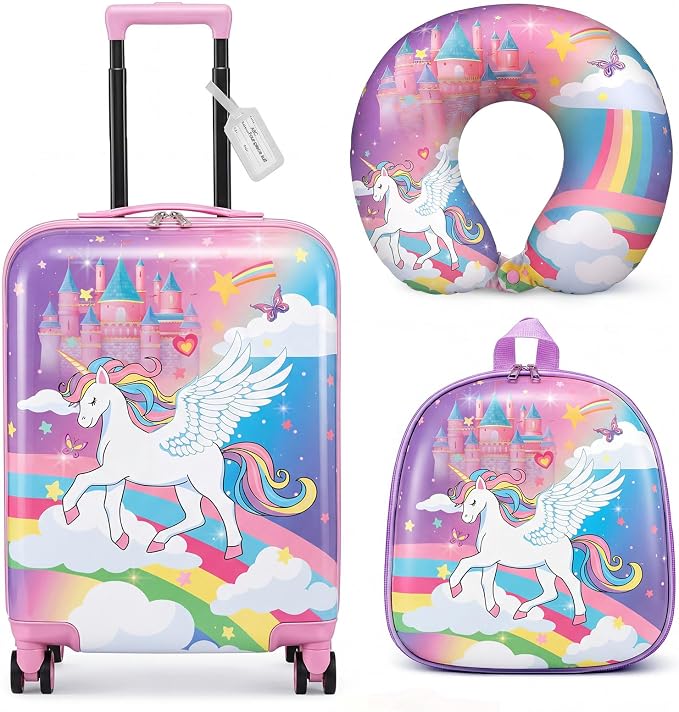 Sanwuta 4 Pcs Kids Luggage Set Back to School Gifts for Girls Boys Carry On Rolling Suitcase Backpack Neck Pillow Travel Set(18 Inch,Castle Unicorn Style,Pink Purple) - Image 8