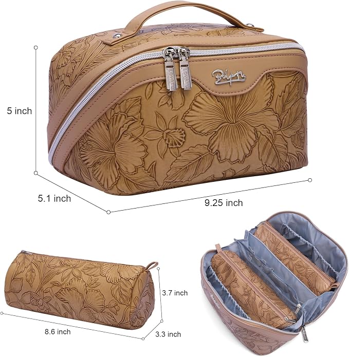 BOYATU Travel Makeup Bags Cosmetic Organizer Bag: 3-Set Large Capacity Make up Bag - PU Leather Toiletry Bags for Women - Wide Open Portable Pouch with Divider & Handle (01-Z-Brown) - Image 7