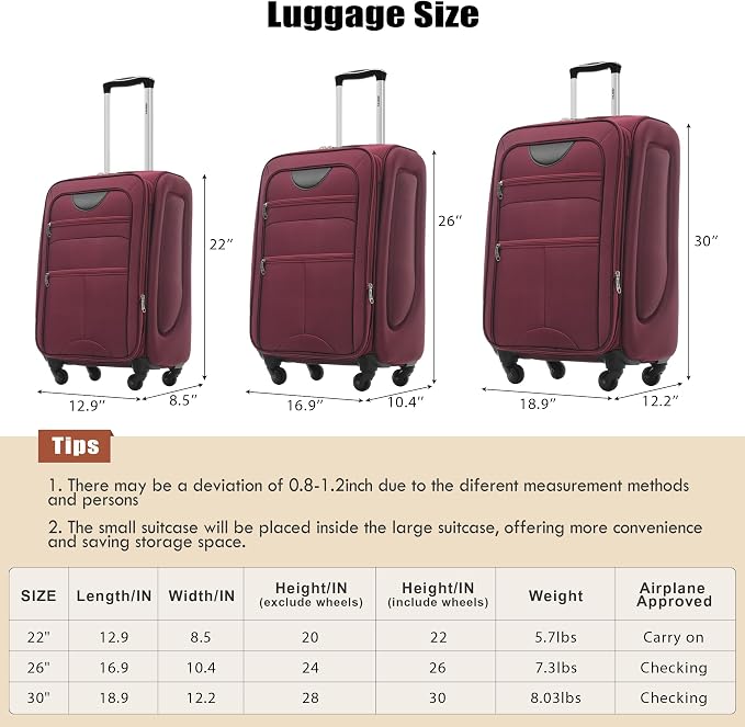 Merax Softside Luggage Set, Travel Suitcase Expandable Lightweight 3 Piece | Luggage Sets with Duffel Bag 22" 26" 30" Suitcase with TSA Lock Spinner Wheels,Red - Image 3