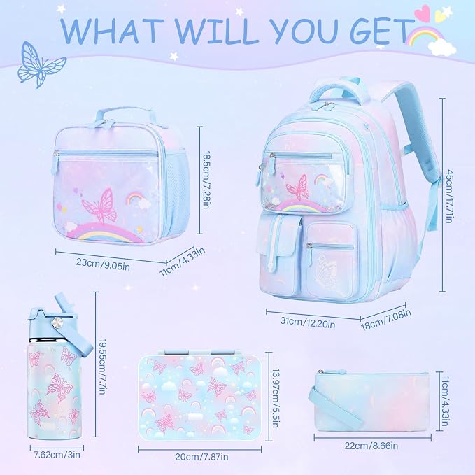 ACESAK Kids Backpack for Girls,Rainbow Backpack with 43OZ Lunch Box & 14OZ Water Bottle, Lunch Bag Set for School, Girls Bookpack for Elementary Middle school Teen Student(Blue) - Image 2