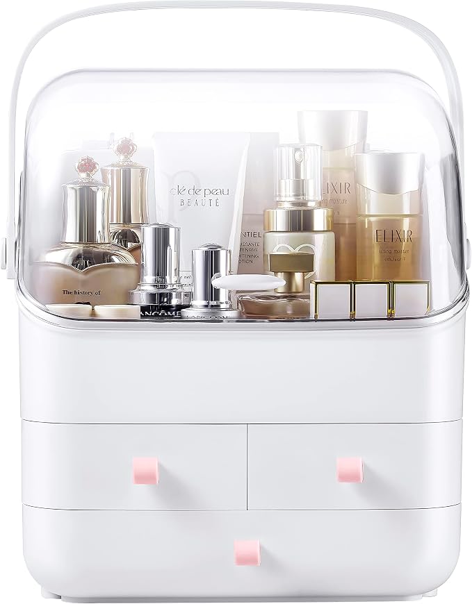 SUNFICON Makeup Organizer Cosmetic Organizer Makeup Storage Holder Box Crystal Clear Lid w Handheld 3 Drawers Dustproof Waterproof for Vanity Bathroom Countertop Birthday - Image 2