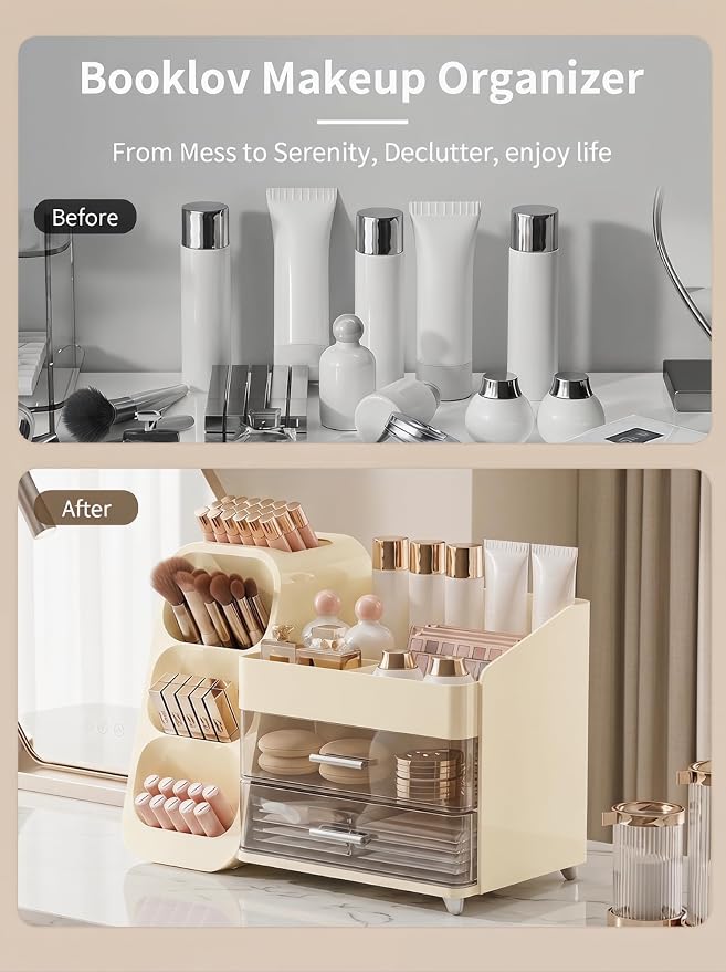 Booklov Large Makeup Organizer for Vanity and Bathroom Countertop, Cream | Clear Acrylic Cosmetic Display Case, Beauty Brush Holder for Dresser Counter Skincare Eyeshadow Lipstick Perfume Storage - Image 7