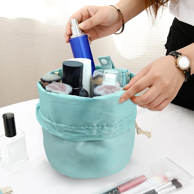 INVODA Drawstring Makeup Bag for Women Cosmetic Bag Large Travel Make up Bags Portable Barrel Toiletry Bag Toiletries Pouch Travel Cosmetic Organizer (Green) - Image 4