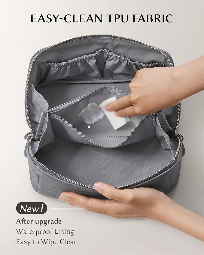 EACHY Leather Makeup Bag, Portable 180° Wide-Open Flat Cosmetic Bag for Women, Large Capacity Make Up Organizer Makeup Pouch with Divider and Handle - Image 3