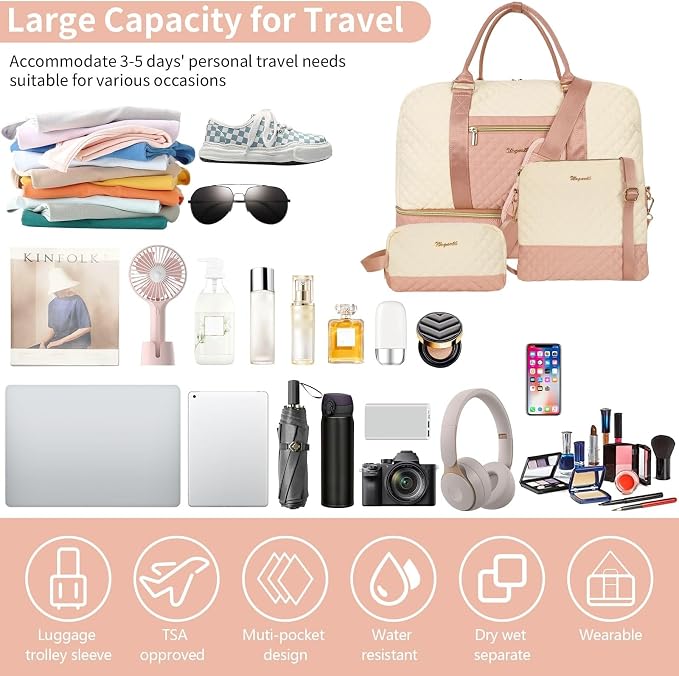 Wogarl 3PCS Weekender Bags for Women Large Overnight Bag Weekend Travel Duffel Bag Carry on Shoulder with Shoe Compartment Canvas Toiletry Bag for Travel Business Gym,Pink Beige - Image 7