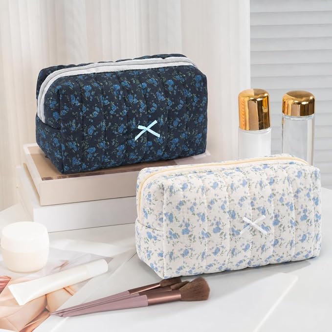Makeup Bag Travel Toiletry Bag for Women, Small Cosmetic Bags Aesthetic Organizer Quilted Cotton Makeup Pouch&Purse Emergency Bag Floral Pencil Case Accessory Bag, Midnight Blue - Image 5