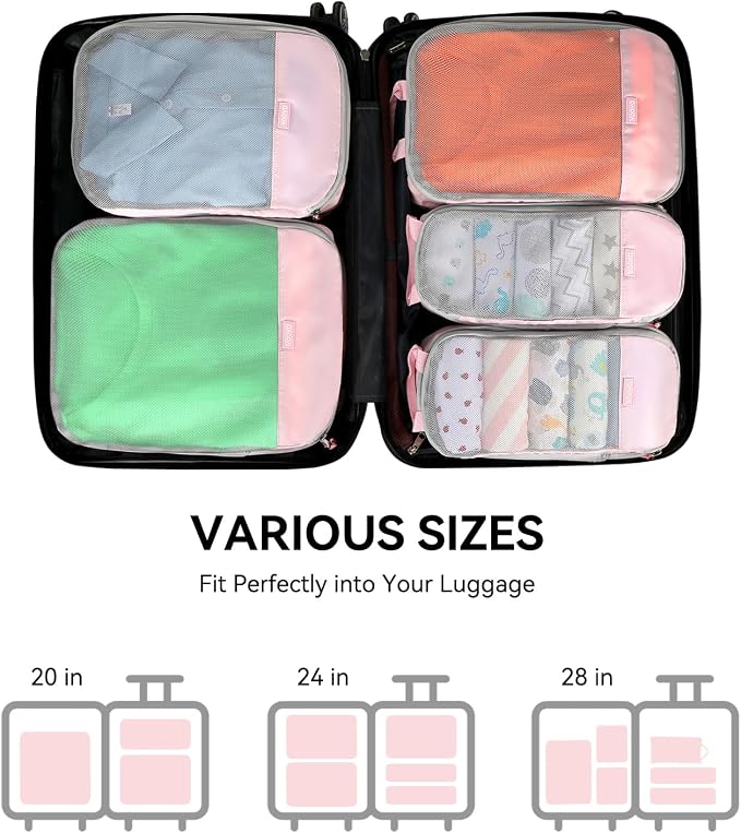 Voova 6 Set Compression Packing Cubes, Travel Accessories Expandable Packing Organizer Bags Set for Carry on Suitcase, Durable Luggage Packing Cubes for Travel Essentials, Pink - Image 5