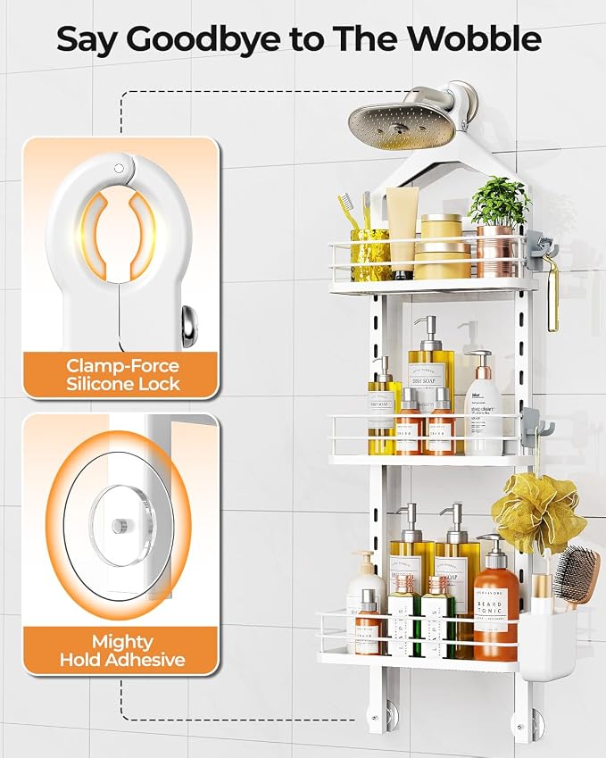 ODesign 3 Tier Adjustable Shower Caddy Hanging Over Head Anti-Swing White | Shower organizer hanging,no drilling required,comes with removable hook and storage box, suitable for indoor showers - Image 5