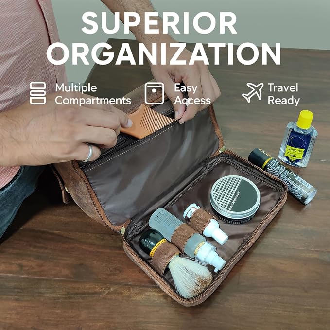 Leather Toiletry Bag for Men - Travel Shaving Dopp Kit - Bathroom Shower Toiletries Organizer - Cosmetic Make up Bag for Women - Image 5
