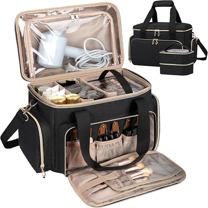 GDNasist Large Makeup Bag, Portable Travel Makeup Bag Organizer for Women Girls with 2 Removable Pouches & Detachable Dividers, Cosmetic Travel Bag, Toiletry Bag for Makeup and Hair Supplies Black by GDNasist