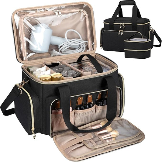 GDNasist Large Makeup Bag, Portable Travel Makeup Bag Organizer for Women Girls with 2 Removable Pouches & Detachable Dividers, Cosmetic Travel Bag, Toiletry Bag for Makeup and Hair Supplies Black by GDNasist