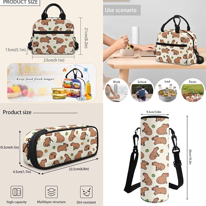 4Piece Cartoon Capybara Backpack Kids Schoolbag Sets with Lunch Box, Pencil Car Water Holder Sleeve Crossbody Bag for Boys Girls，17Inch Large Capacity Bookbag Casual Daypack for Travel - Image 6