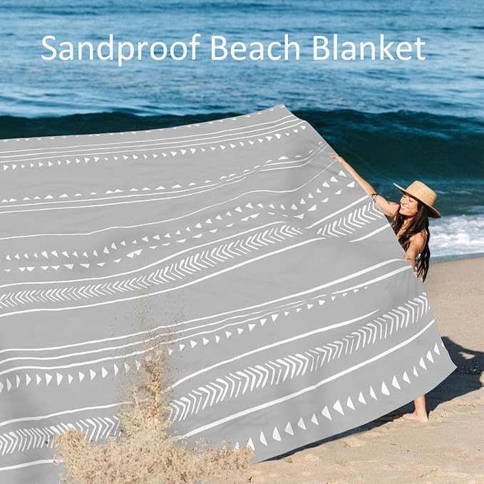 Extra Large 110''×118'' Beach Blanket for 8 Adults, Outdoor Beach Mat Sand Free Waterproof with 4 Stakes & 4 Corner Pockets, Polyester Lightweight Foldable Grey Picnic Mat for Travel, Camping, Hiking - Image 3