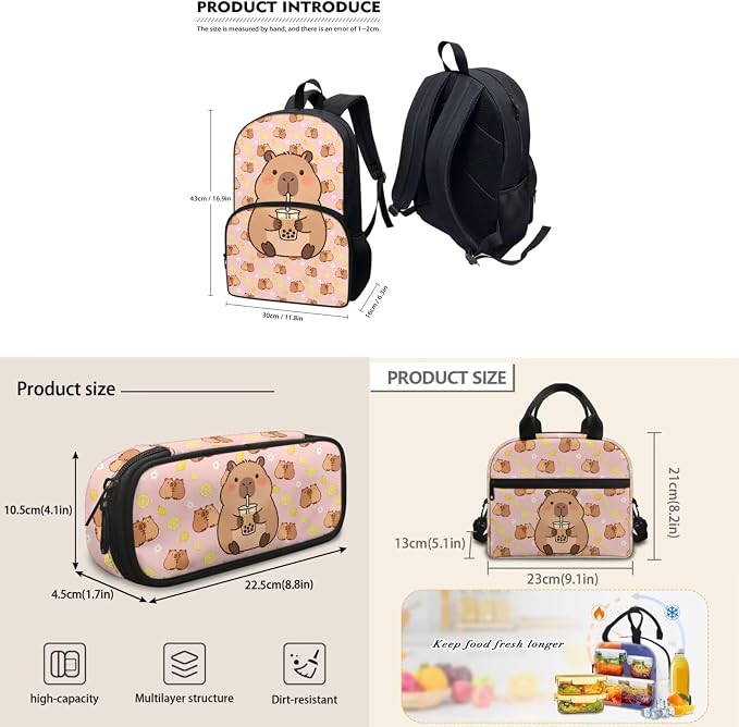 Cute School Backpack for Girls, Kids Capybara Milk Tea Backpack School Bookbags with Insulated Lunch Box Pencil Case 3 in 1, Lightweight School Bag - Image 5