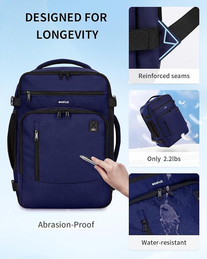 ECOHUB 19" Large Travel Backpack, Carry on Luggage Airline Approved, Water Resistant Rucksacks Fit 15.6" Laptop, AirTag Pocket, Lightweight Casual Daypack, 34L, Blue - Image 4
