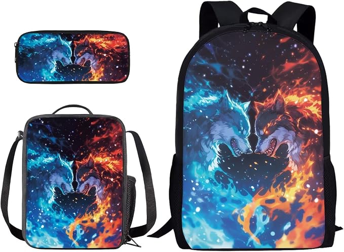 Fire and Ice Wolf Print Kids School Bookbag Set, Boys Girls Back to School Large Backpack Set, 3 Pcs Lightweight Schoolbag Set with Lunch Bag and Pen Bag, Red Blue by PCSJRKG