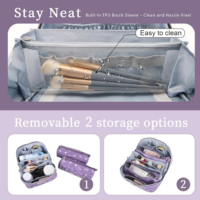 BOYATU Travel Makeup Bag Cosmetic Bags for Women: 3 Pcs Set Portable Make up Bag with Handle - PU Leather Toiletry Bags with Compartments - Makeup Organizer for Travel Essentials(L-3-Purple) - Image 4