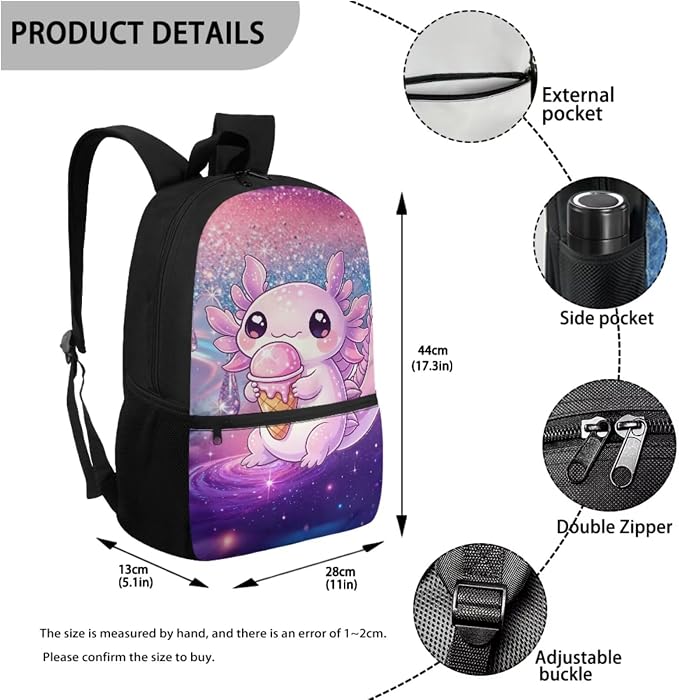 Axolotl Kids School Backpack 4-in-1 Set, Gifts for Girls Age 6-12, 17'' Cute Bookbag with Insulated Lunch Box, Pencil Case & Water Bottle Holder for Back to School Birthday Christmas - Image 3