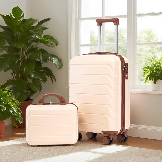 GDFStudio 14/20 Inch 2 Piece Luggage Set with Cosmetic Bag,ABS Hard Shell Spinner Suitcase with Combination Lock,360° Silent Wheels,Retractable Handle, Carry On Travel Luggage with Vanity Case,Beige - Image 3