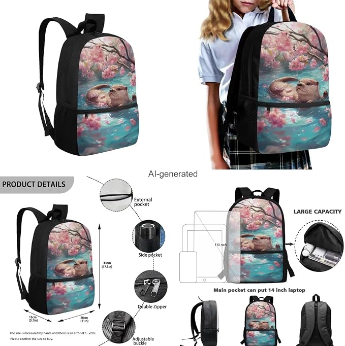 Cherry Blossom Otter Backpack for Girls Kids Backpack with Lunch Box Water Bottle Carrier with Strap and Big Pencil Case 4PCS Bookbag with Front Pocket for School 17 inch Sturdy School Bag - Image 3