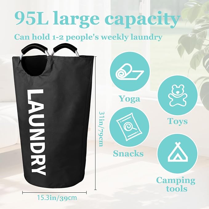 WOOHA 95L Large laundry baskets, Tall Clothes Baskets Folding Washing Bin Foldable Fabric Hamper Bags for Bedroom, Closet,Bathroom,College,laundry bag, black - Image 2