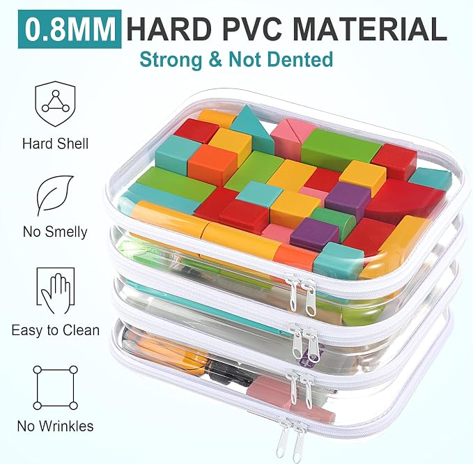 Hoolerry 4 Pcs Hard Clear Zipper Case Makeup Bags Plastic Zipper Pouch Transparent Storage Box Containers for Cosmetics, Snacks, Building Blocks, Puzzles(Clear,9.8 x 7.9 x 2 in,White) - Image 4