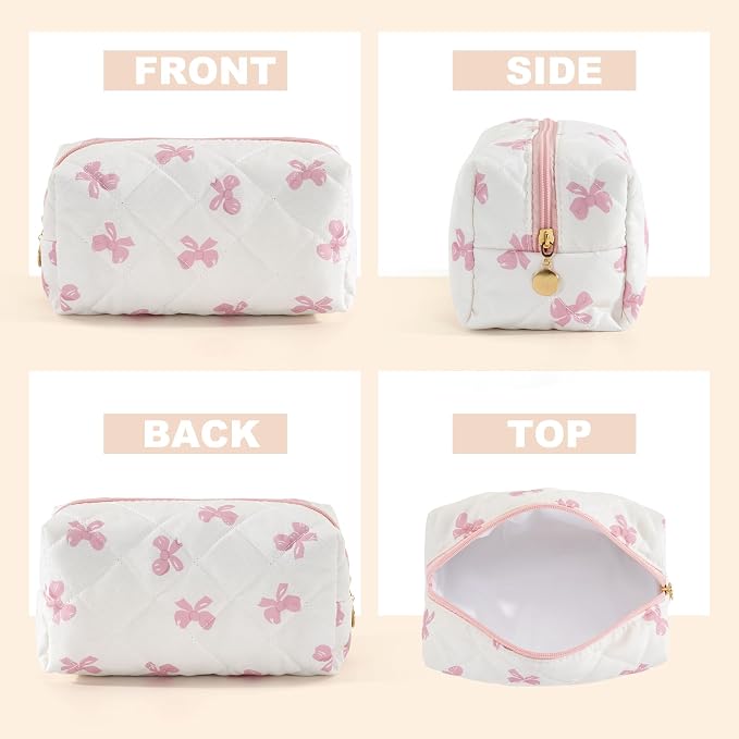 Makeup Bag Travel Toiletry Bag for Women, Small Cosmetic Bags Cute Quilted Cotton Makeup Pouch for Purse Emergency Bag Pencil Case Accessory Bag, Pink Bow - Image 4